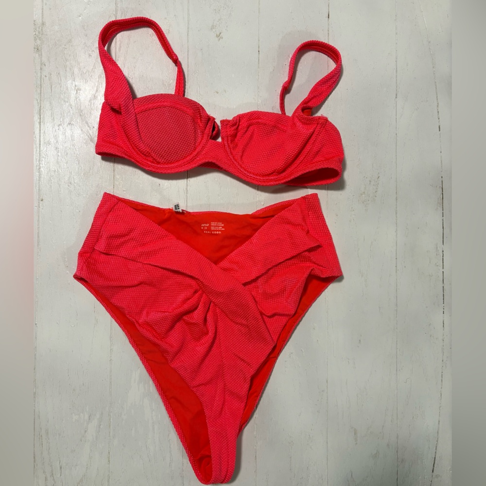 aerie reddish pink Textured High-Waist Bikini Set